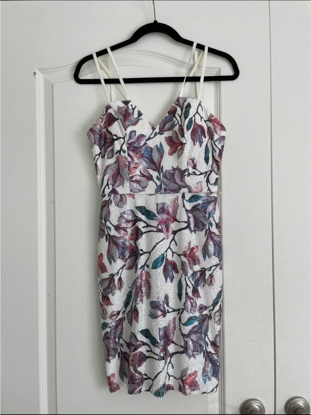 White Sparkle Floral Mini Dress with V-Neck Straps